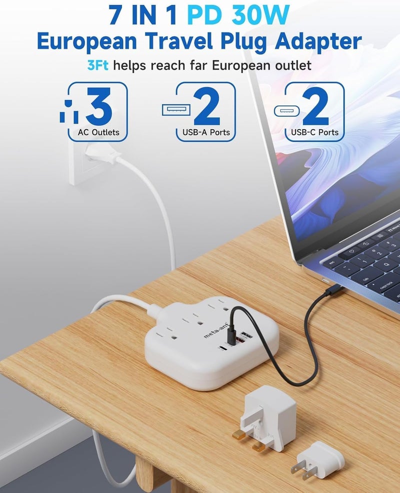 meta-ant PD30W European Travel Plug Adapter, International Power Adapter with 3 Outlets 2 USB-C and 2 USB-A Fast Charger, Universal Travel Adapter with 3ft Extension Cord for EU US UK Europe France Spain - Image 5